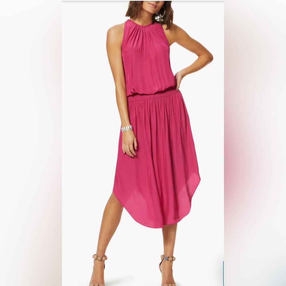 Ramy Brook Audrey smocked waist sleeveless coral colored dress.